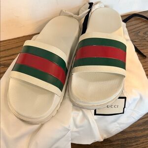 Gucci White Slides with Green and Red Web Stripes